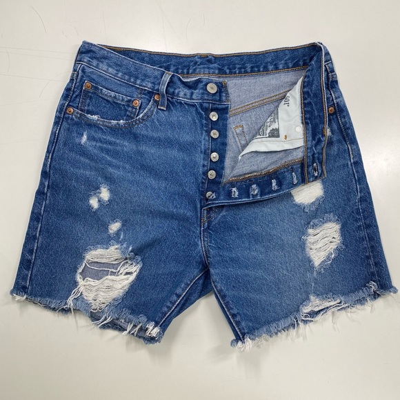 Levi's 501 High Rise Distressed Blue Jean Cutoff Denim Shorts Waist 31 Raw Hem - Picture 4 of 12